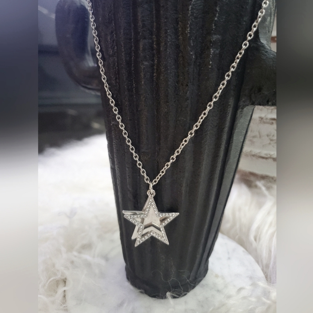 Silver tone double star necklace, rhinestone star and solid silver star